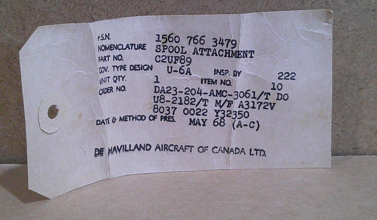 DE HAVILLAND DHC-2 AIRCRAFT SPOOL P/N C2UF89 NEW