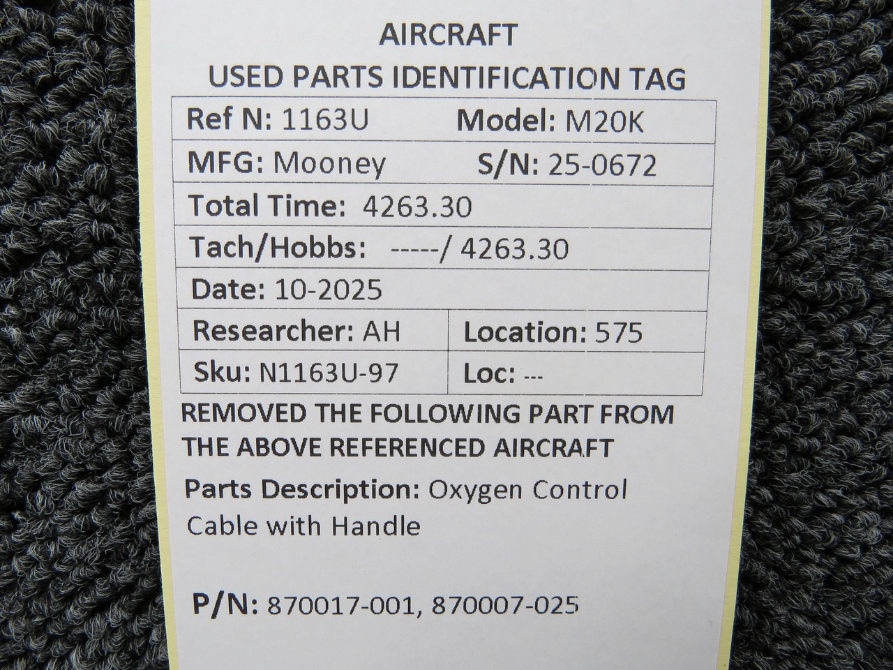 870017-001, 870007-025 Mooney M20K Oxygen Control Cable with Handle