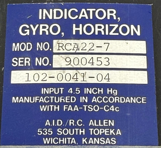 RC Allen Horizon Indicator Gyro P/N: 102-0041-04, RCA22-7, S/N:900453 As Removed