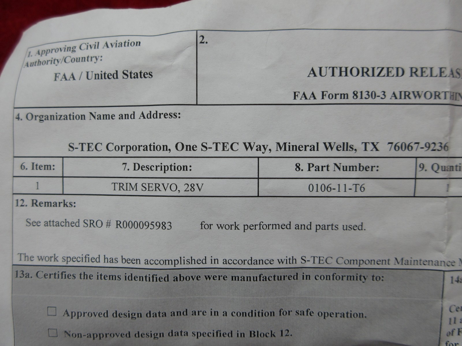 S-Tec Corporation Trim Servo 28V PN 0106-11-T6