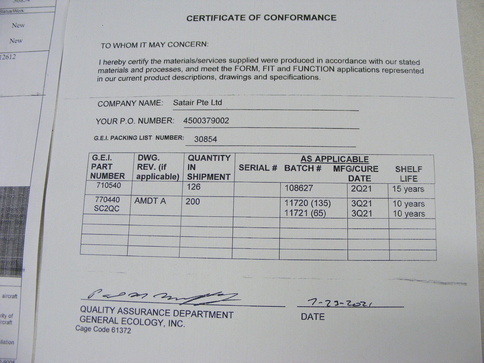 General Ecology Seagull IV Housing Gasket 710540 with Certificate Aircraft