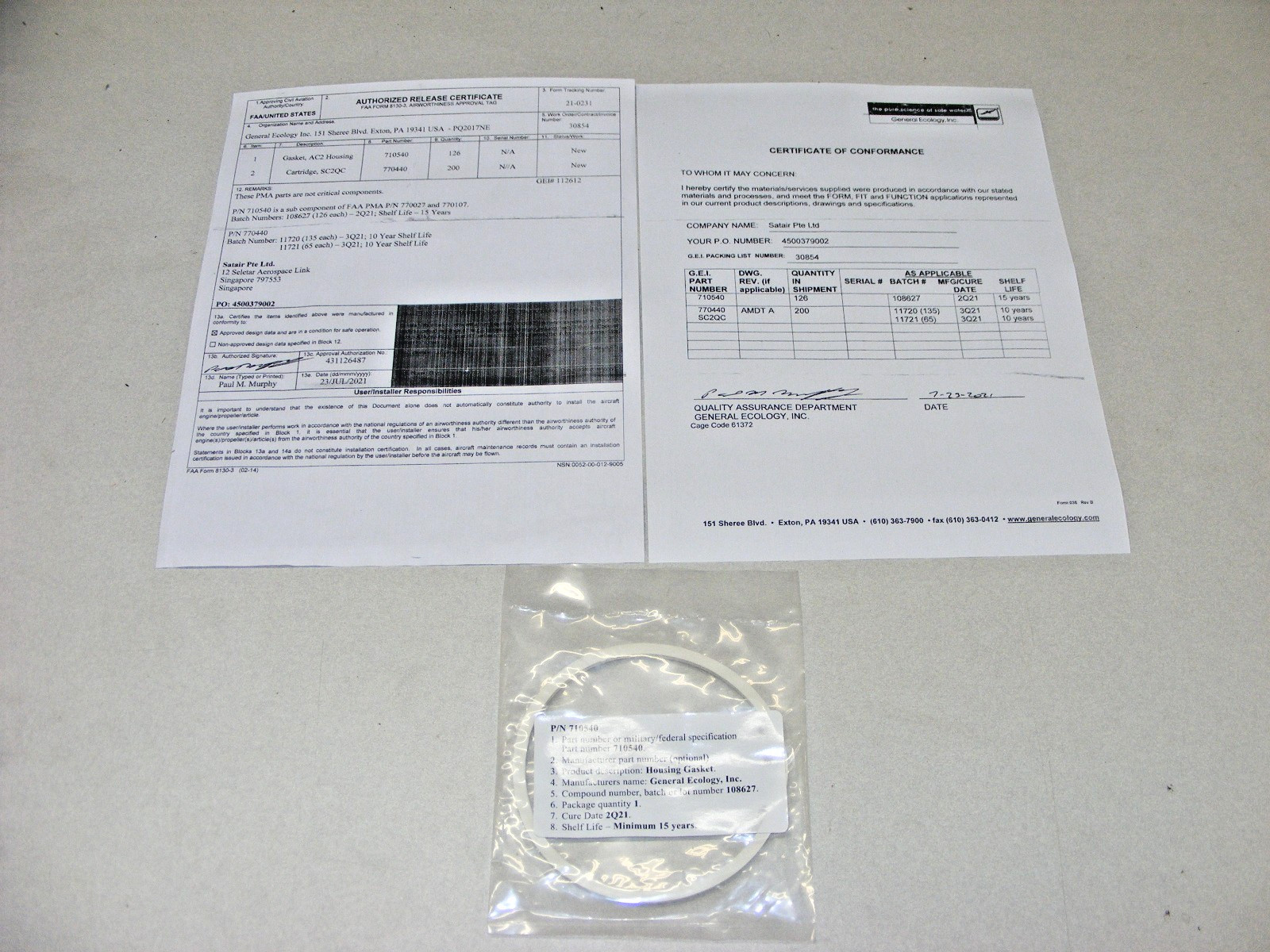 General Ecology Seagull IV Housing Gasket 710540 with Certificate Aircraft