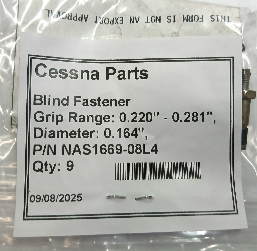 PN# NAS1669-08L4 Blind Fastener (9 in a pkg.) WITH 8130-3 TAG