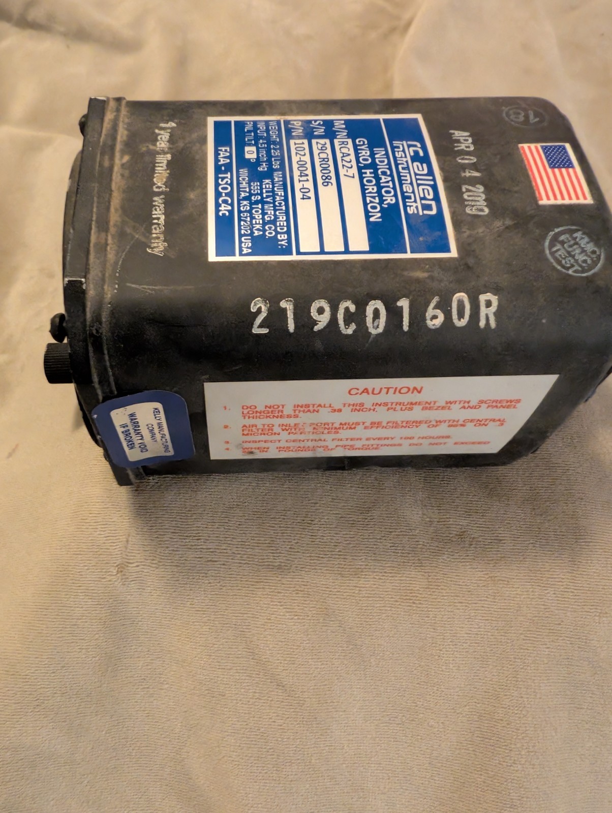 RC Allen Attitude Indicator Gyro Horizon P/N 102-0041-04 RCA22-7 SN 29CR0086