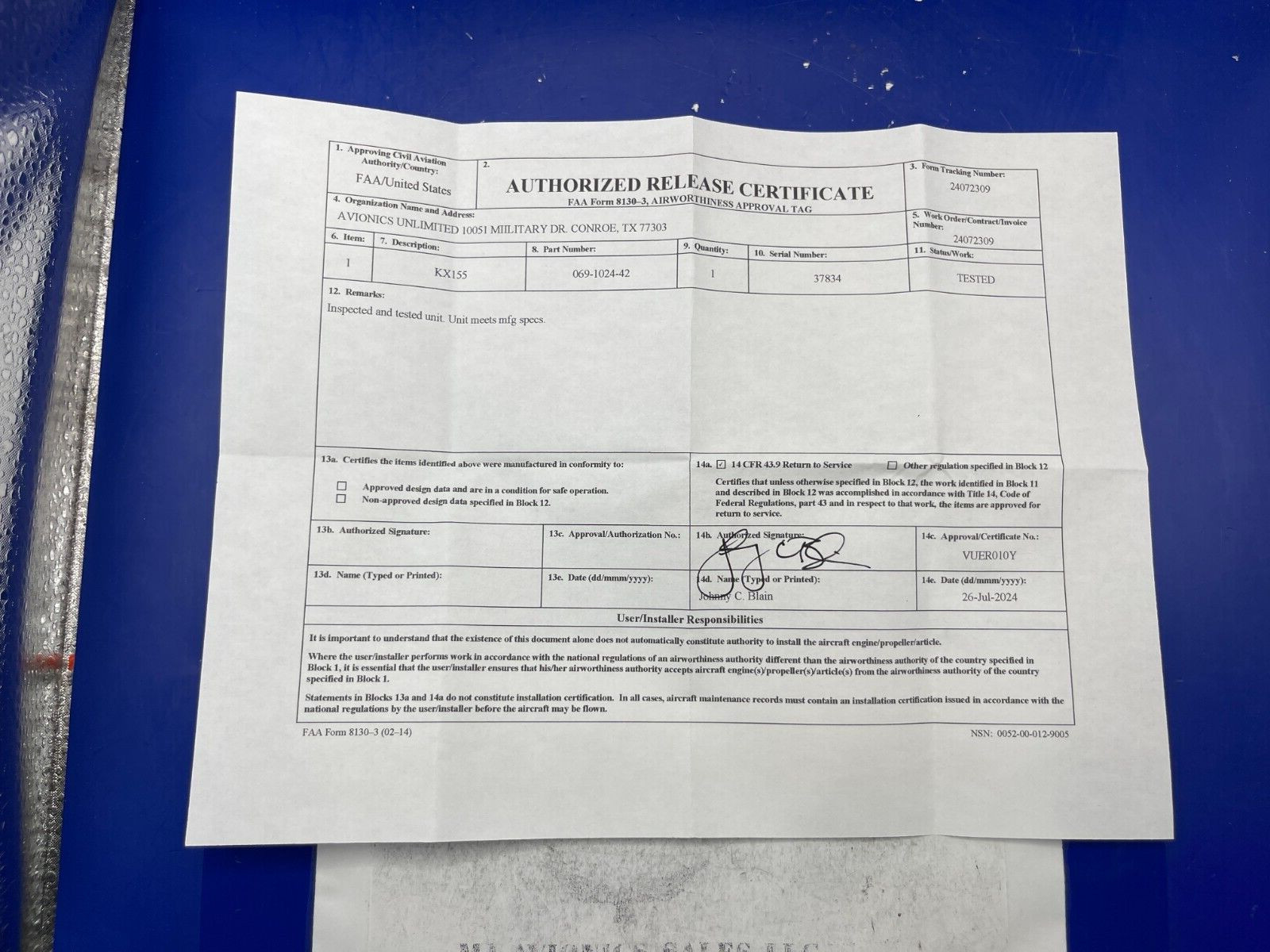 BENDIX/KING KX 155 P/N 069-1024-42 14VDC WITH GLIDE/SLOPE WITH FAA FORM 8130-3