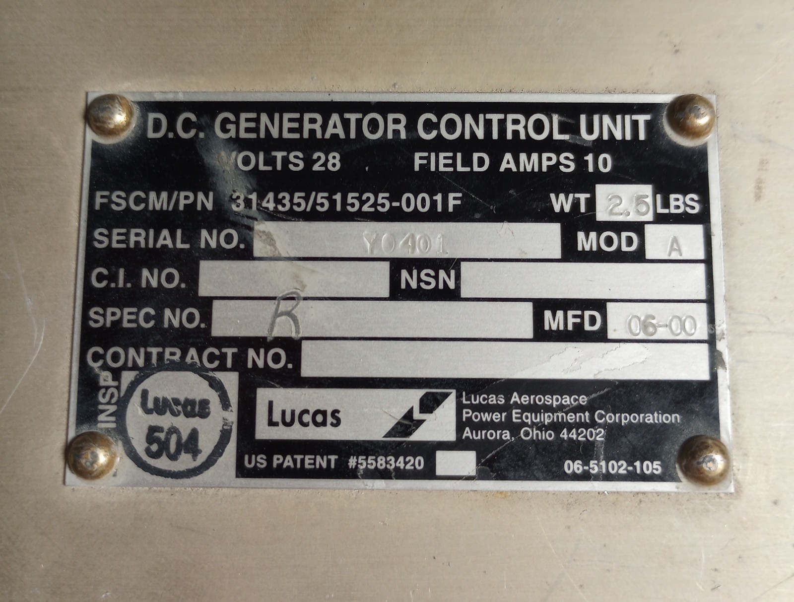 51525-001F – Lucas Aerospace D.C. Generator Control Unit – Parts Only