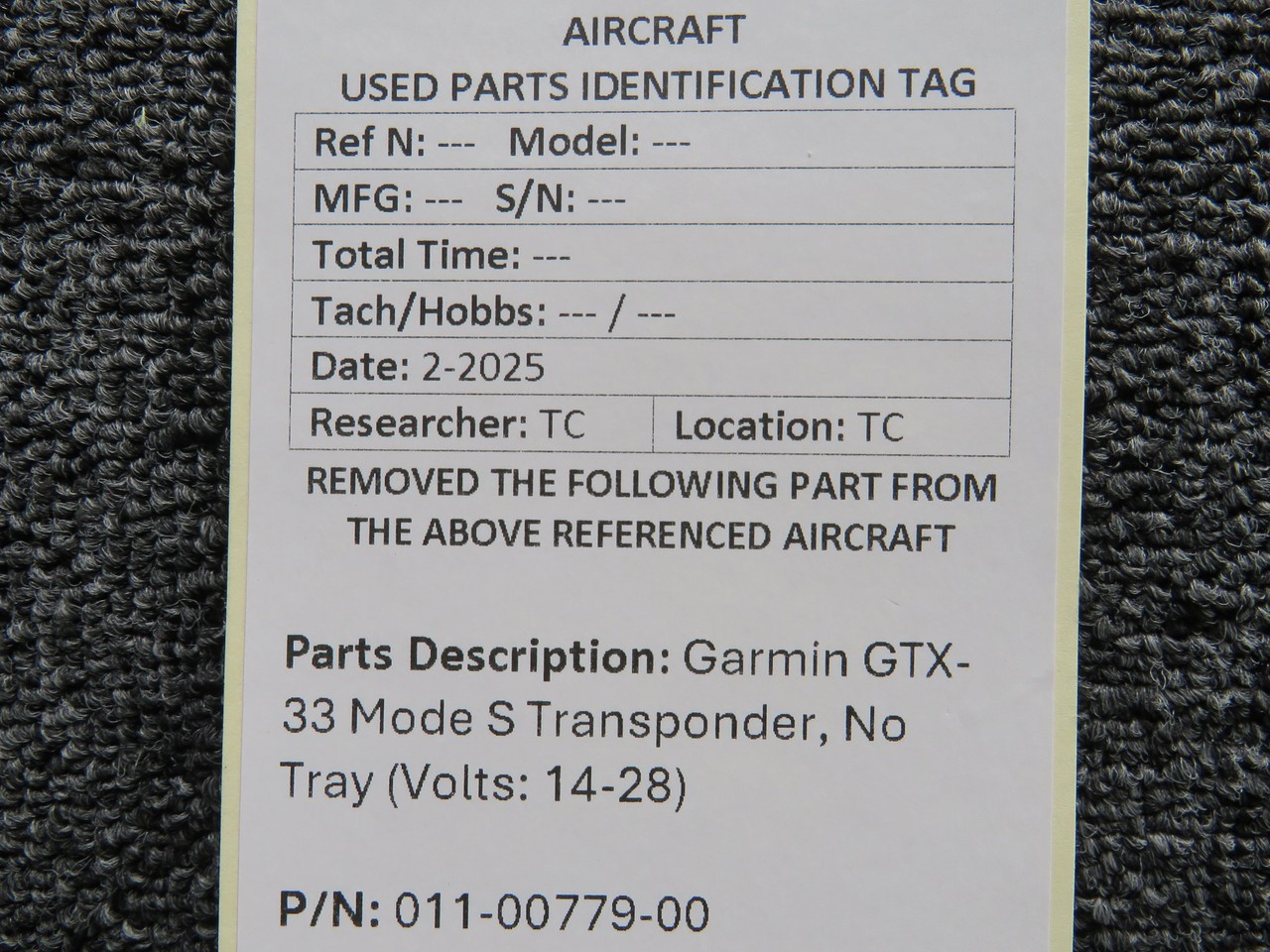011-00779-00 Garmin GTX-33 Mode S Transponder Minus Tray (Volts: 14-28)