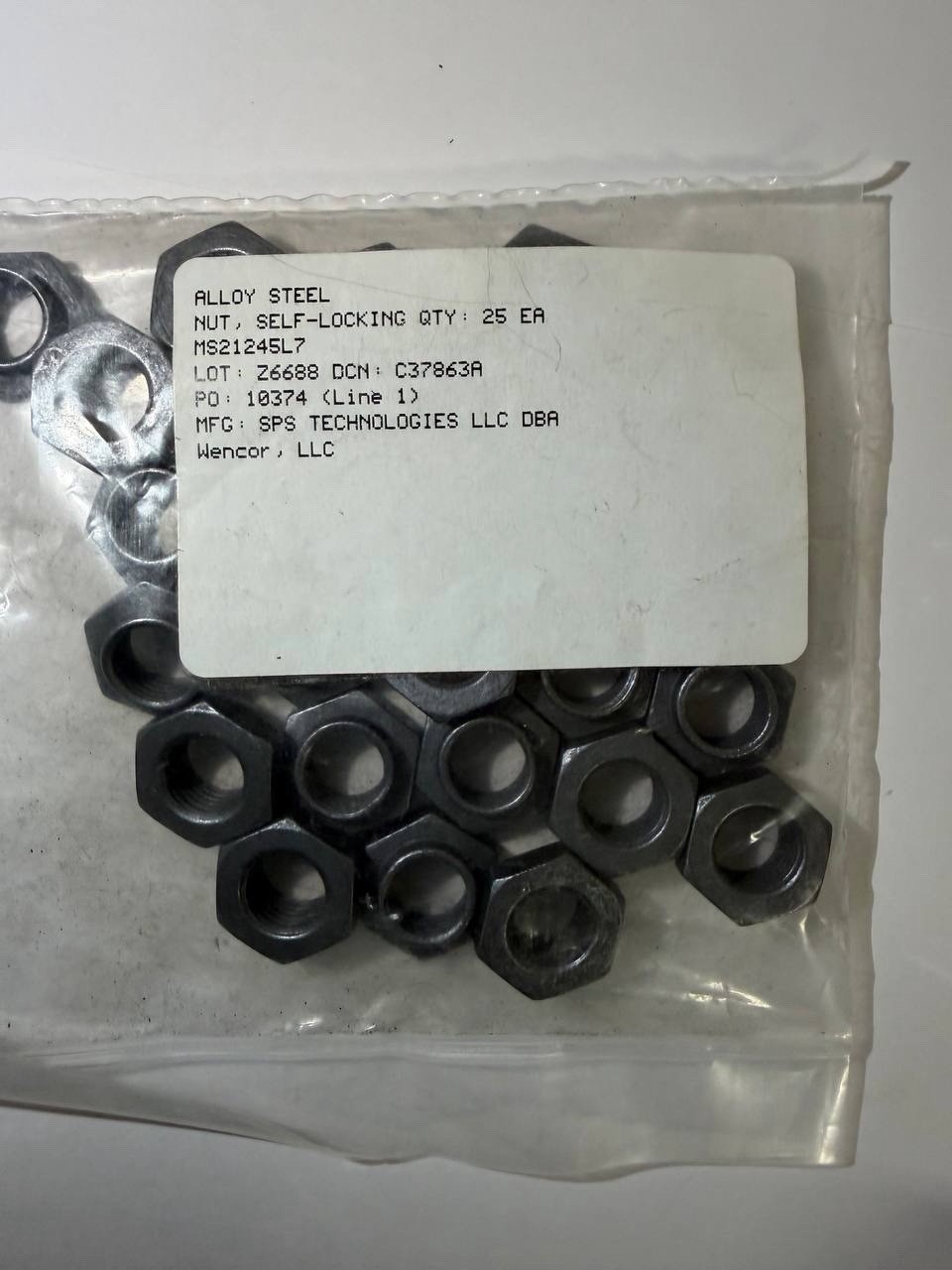 Lot of 25 SPS Technologies MS21245L7 Self-Locking Aircraft Nuts Alloy Steel NOS