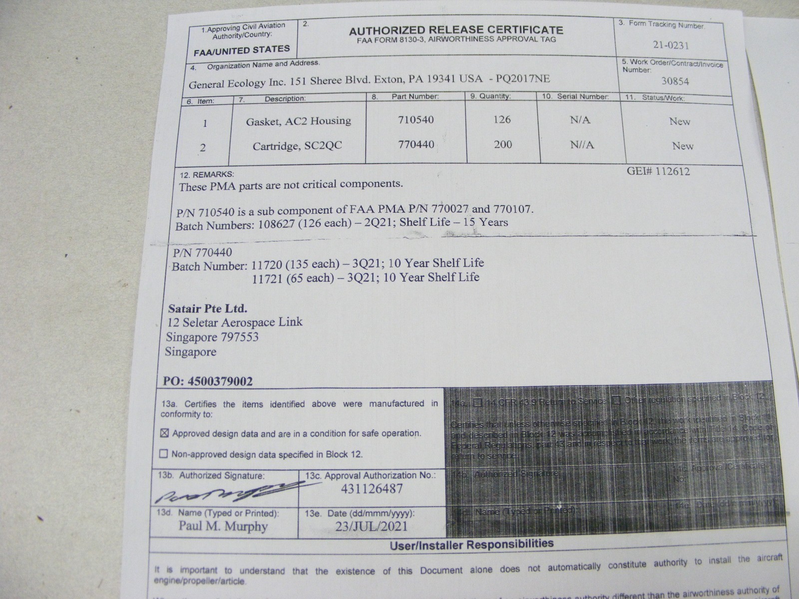 General Ecology Seagull IV Housing Gasket 710540 with Certificate Aircraft