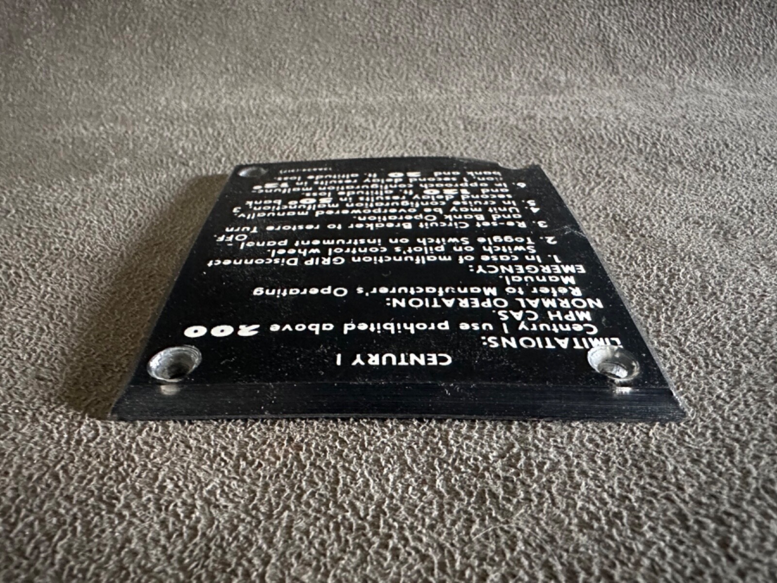 Century I Autopilot Operations & Limitations Instruction Placard 13A634-(317)