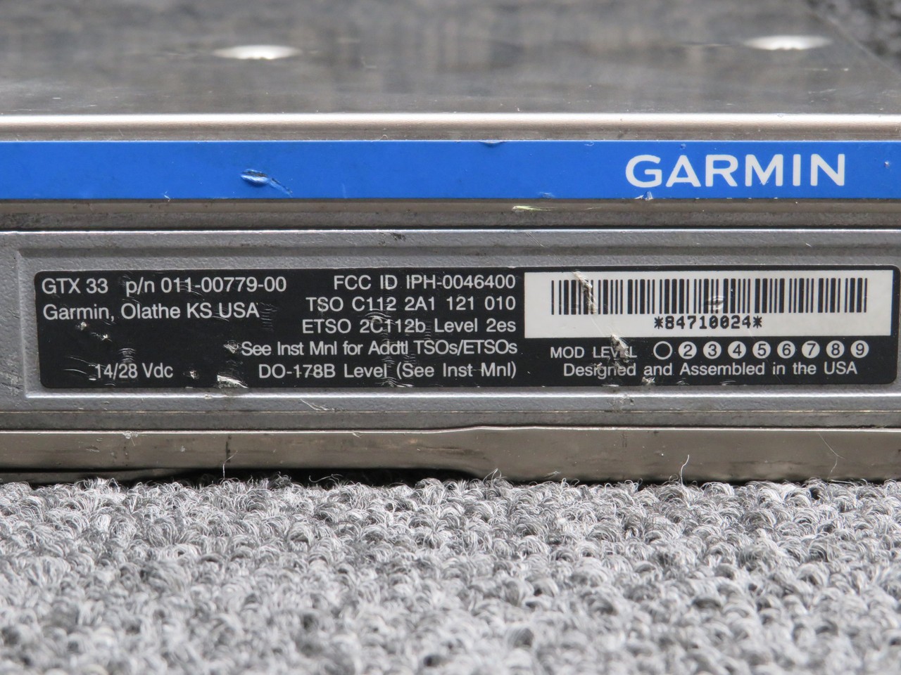 011-00779-00 Garmin GTX-33 Mode S Transponder Minus Tray (Volts: 14-28)