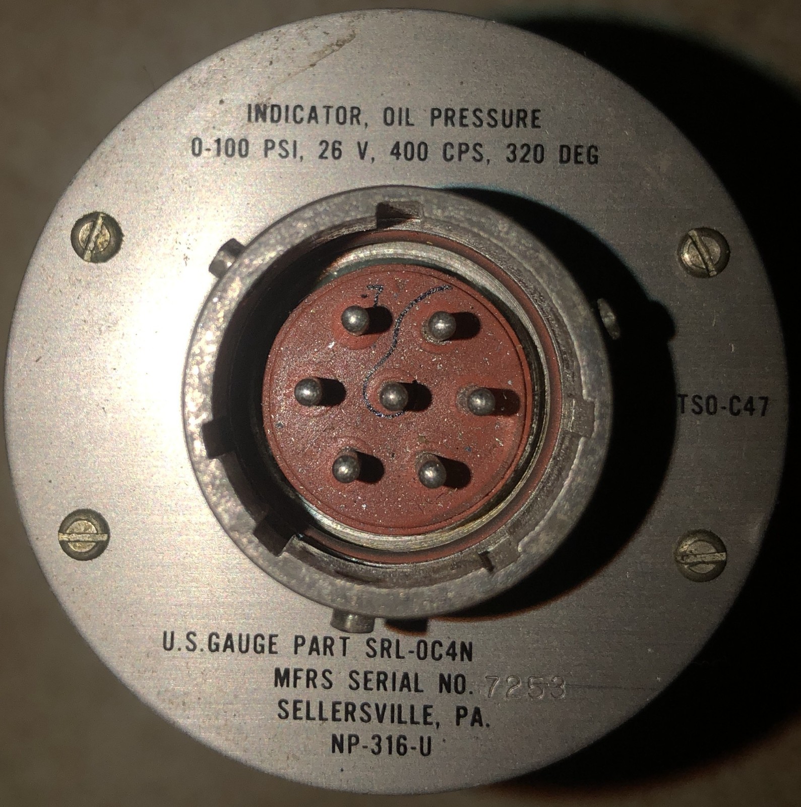 SRL-0C4N, SRL-OC4N, Aircraft Oil Pressure Indicator , US Gauge , used, untested