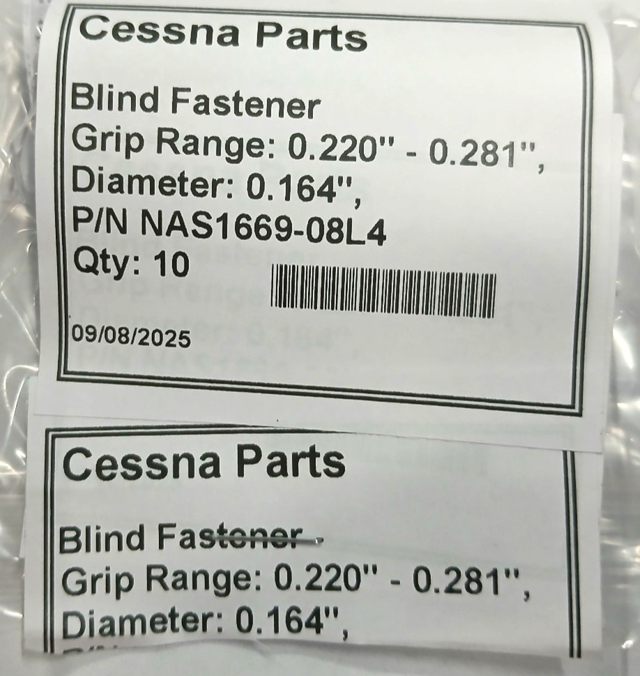 PN# NAS1669-08L4 Blind Fastener (10 in a pkg.) WITH 8130-3 TAG
