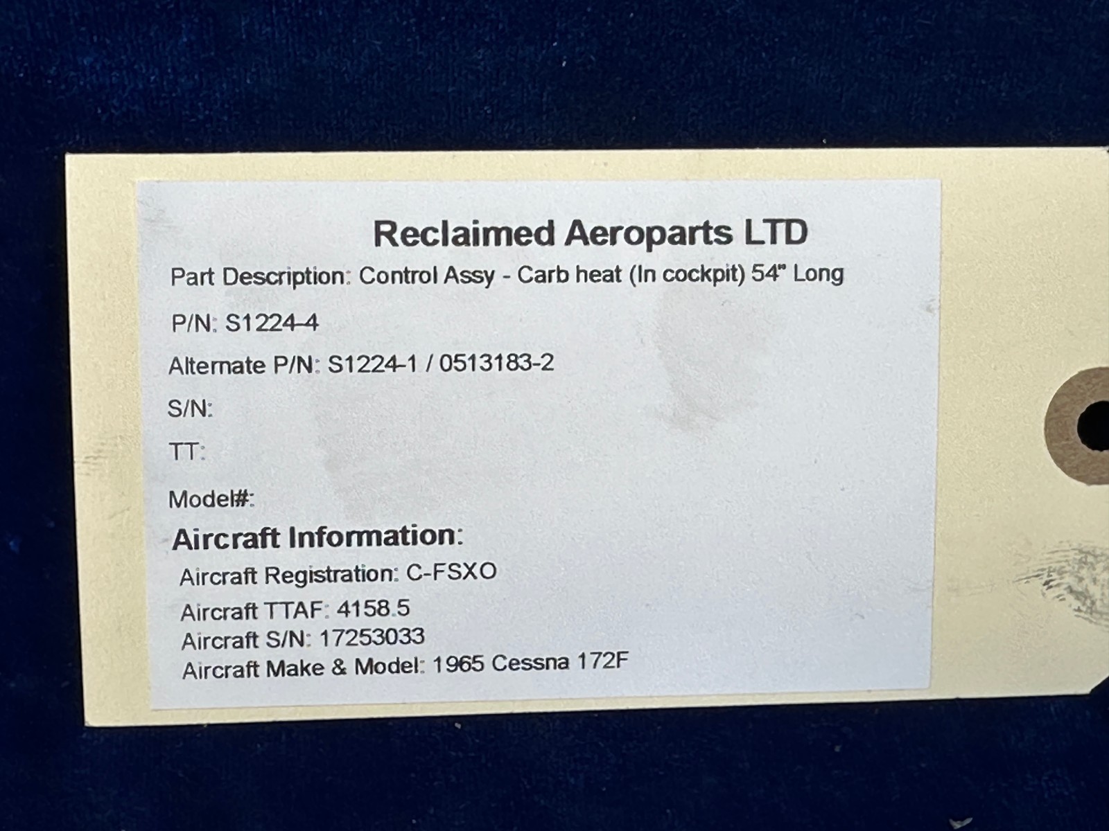 C-172F CONTROL ASSY – CARB HEAT (IN COCKPIT) 54in LONG P/N: S1224-4 , S1224-1 ,