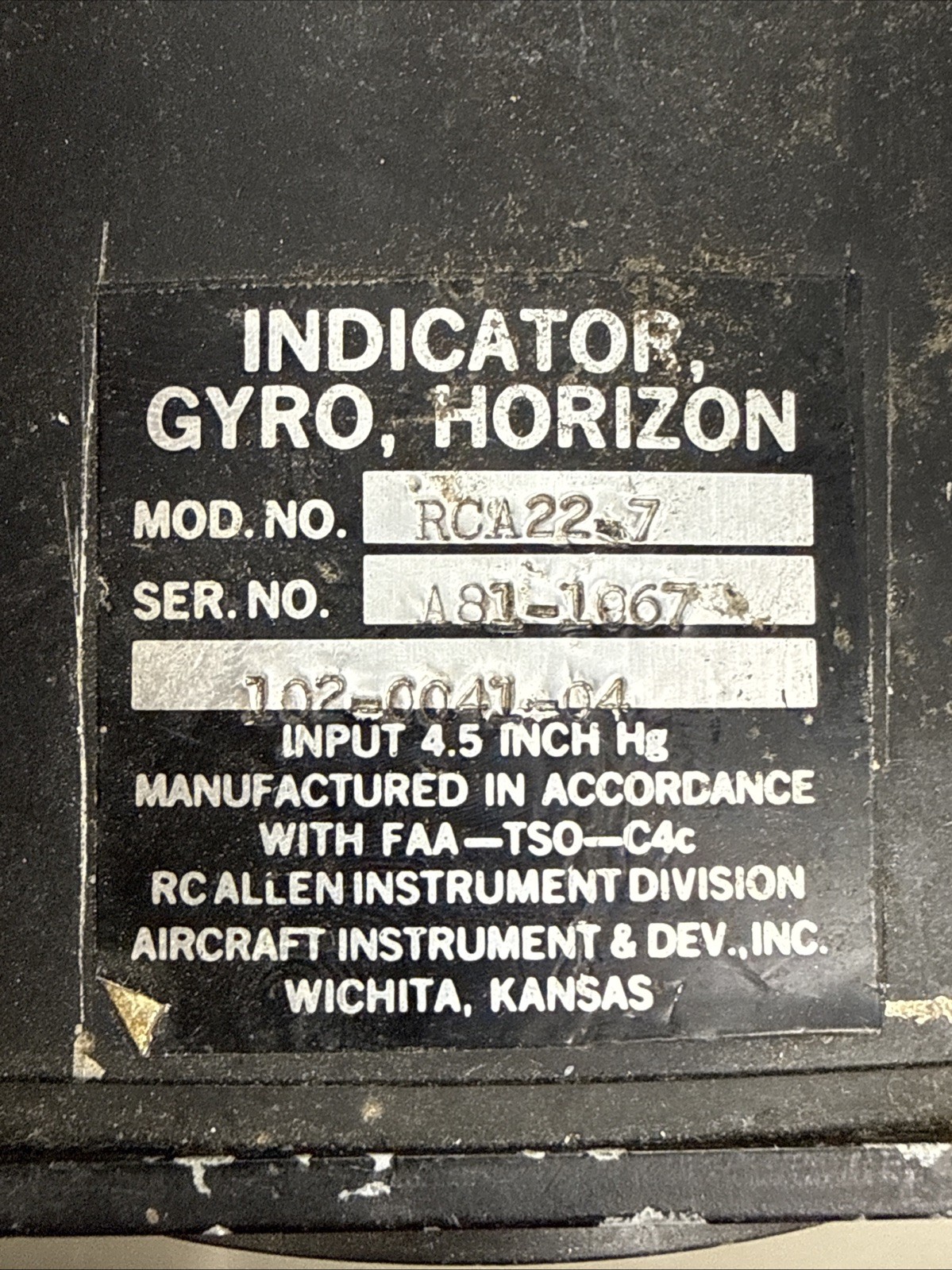 Rc Allen RCA22-7 Horizon Gyro Indicator P/N 102-0041-04