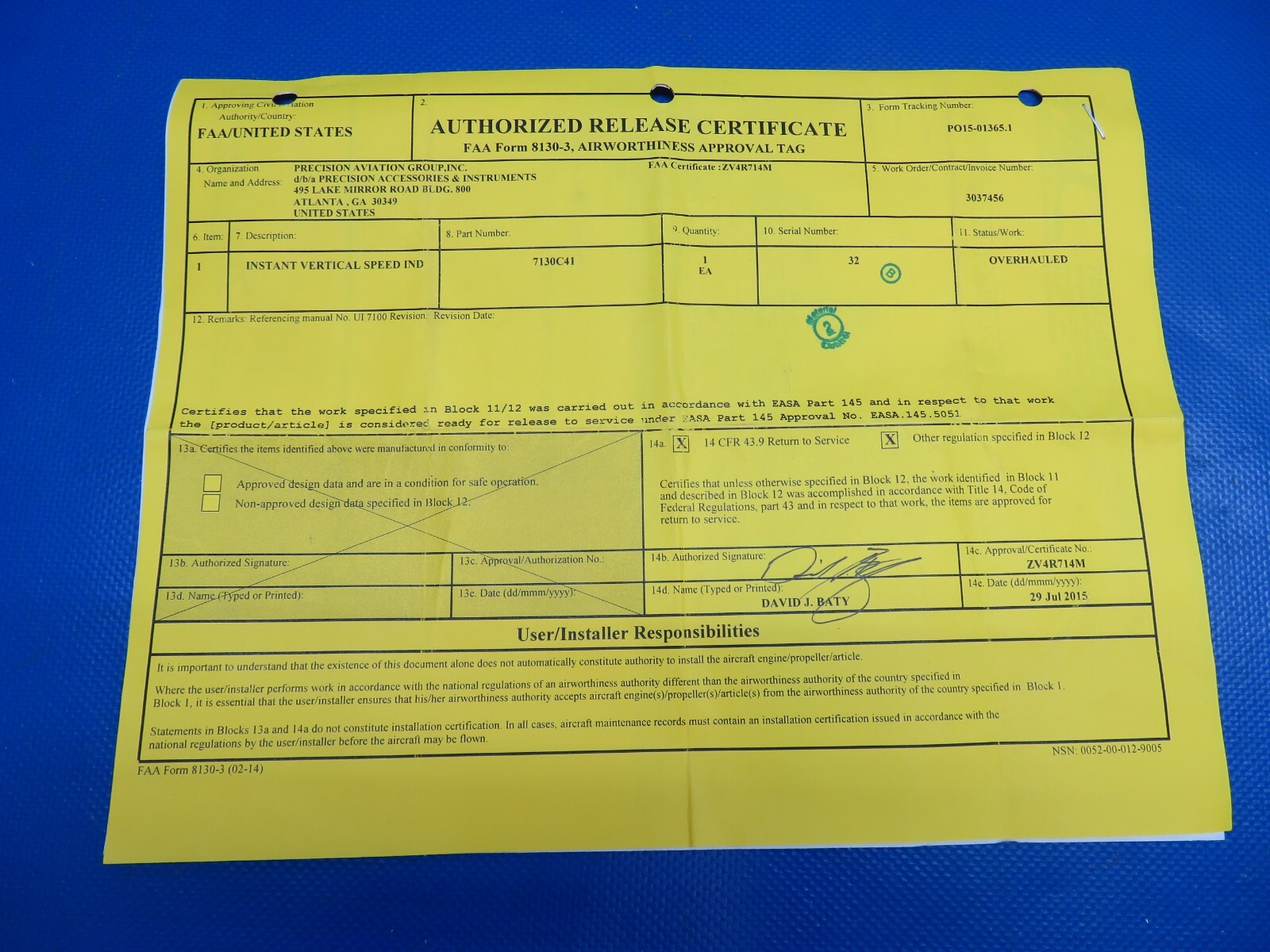 United Instruments Instant Vertical Speed Indicator 8130 WARRANTY (0524-1741)