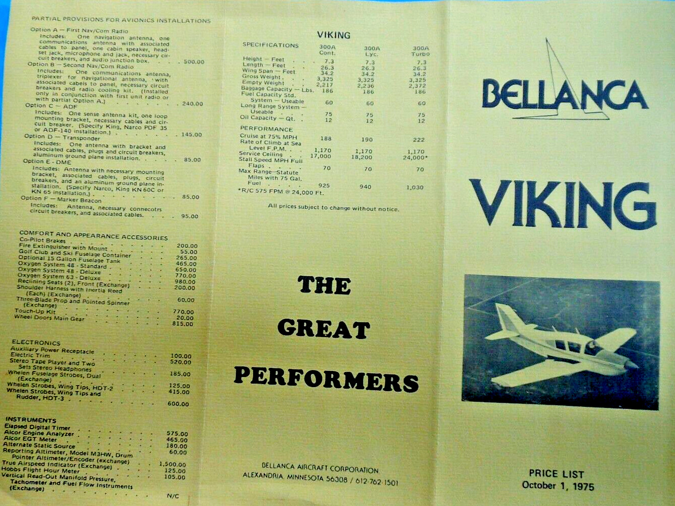 ’75 Bellanca Viking Specs Continental Lycoming Turbo Price List Avionics Std Eqt