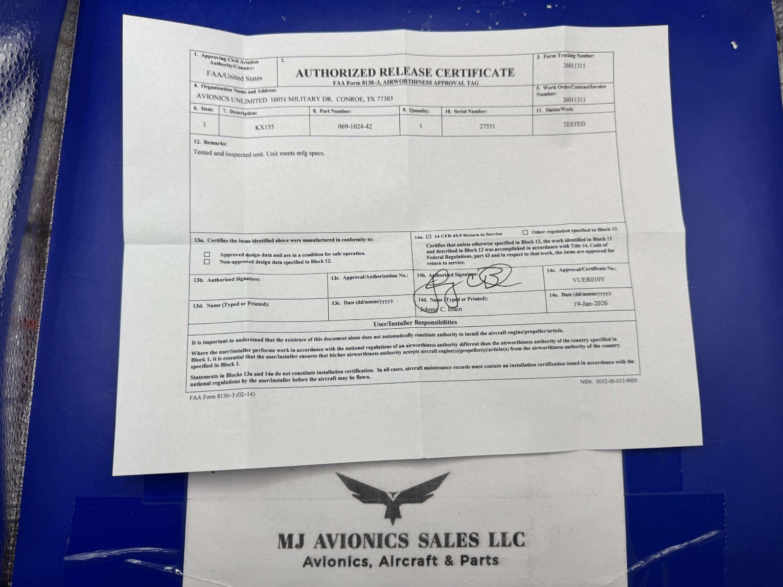 BENDIX/KING KX 155 P/N 069-1024-42 14VDC WITH GLIDE/SLOPE WITH FAA FORM 8130-3