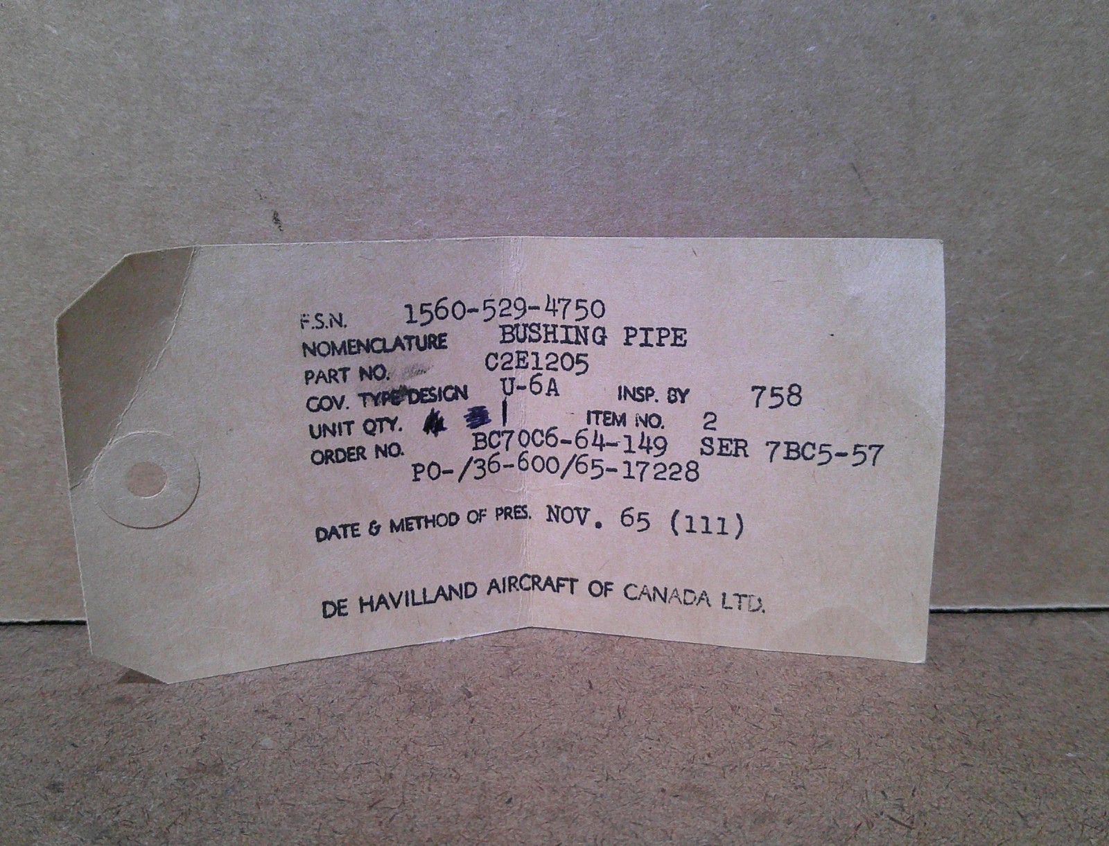 DE HAVILLAND DHC-2 BEAVER BUSHING PIPE P/N C2E1205 NEW