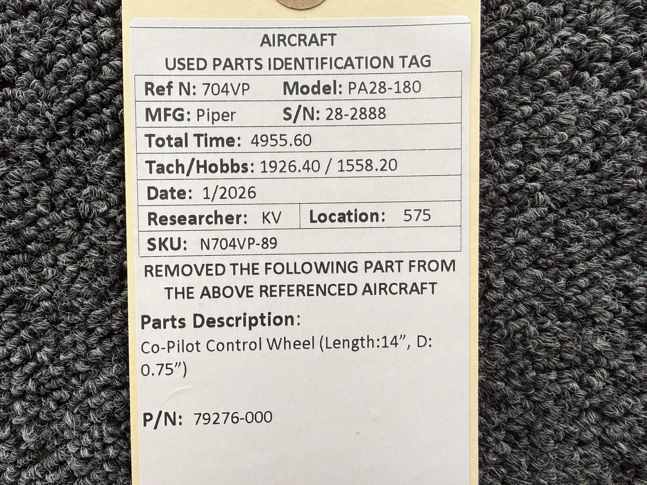 79276-000 Piper PA28-180 Co-Pilot Control Wheel (Length: 14”, D: 0.75”)