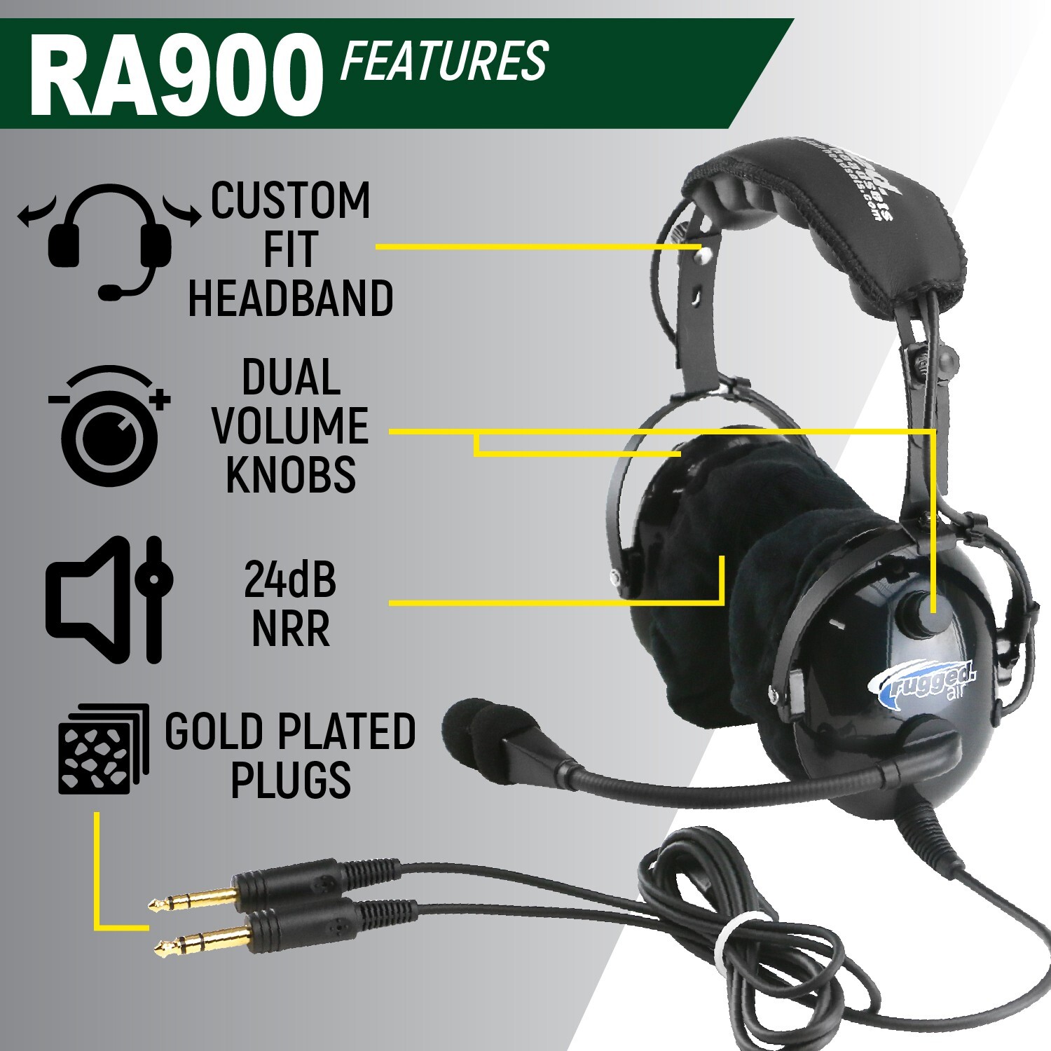 Rugged Air Premium General Aviation Student Pilot Headset GA Stereo Dual Plugs
