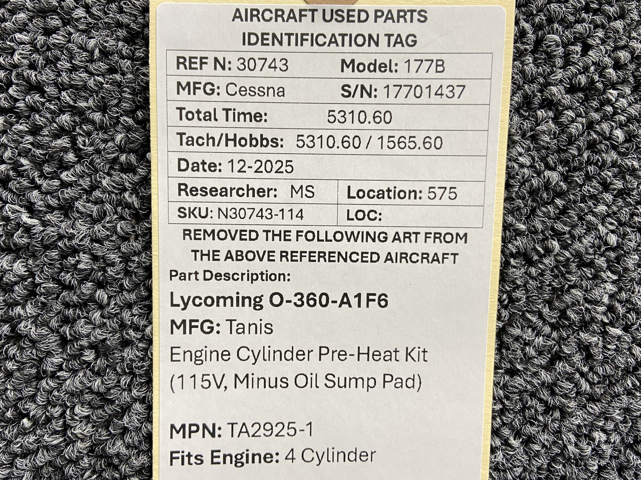 TA2925-1 Lycoming O-360-A1F6 Tanis Engine Cylinder Pre-Heat Kit