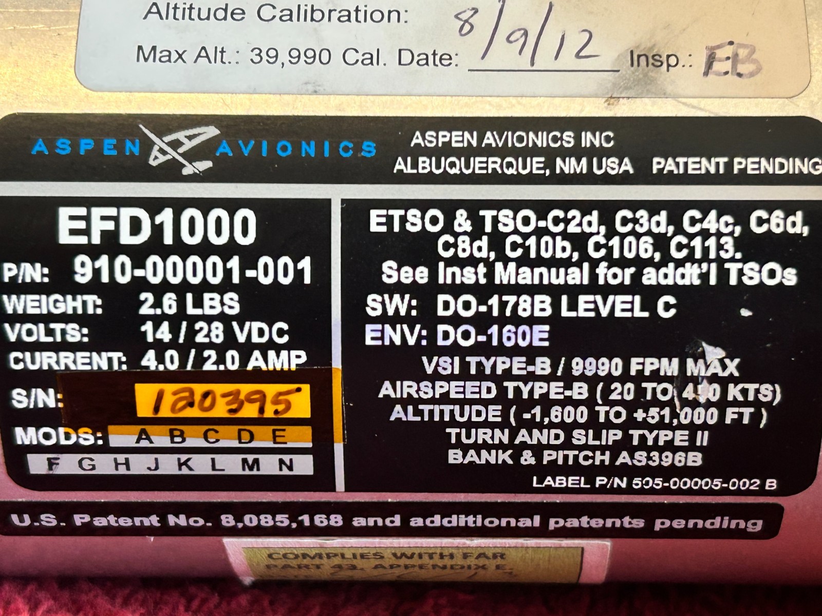 ASPEN EFD 1000 PFD P/N 910-00001-001 WITH CONFIGURATION MODULE AND CONNECTOR