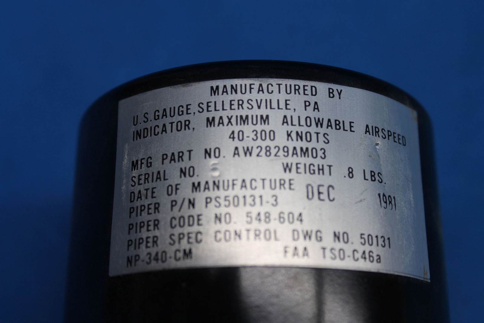 Used U.S Gauge Piper Aircraft Airspeed Indicator p/n 548-604 (22914), PS50131-3