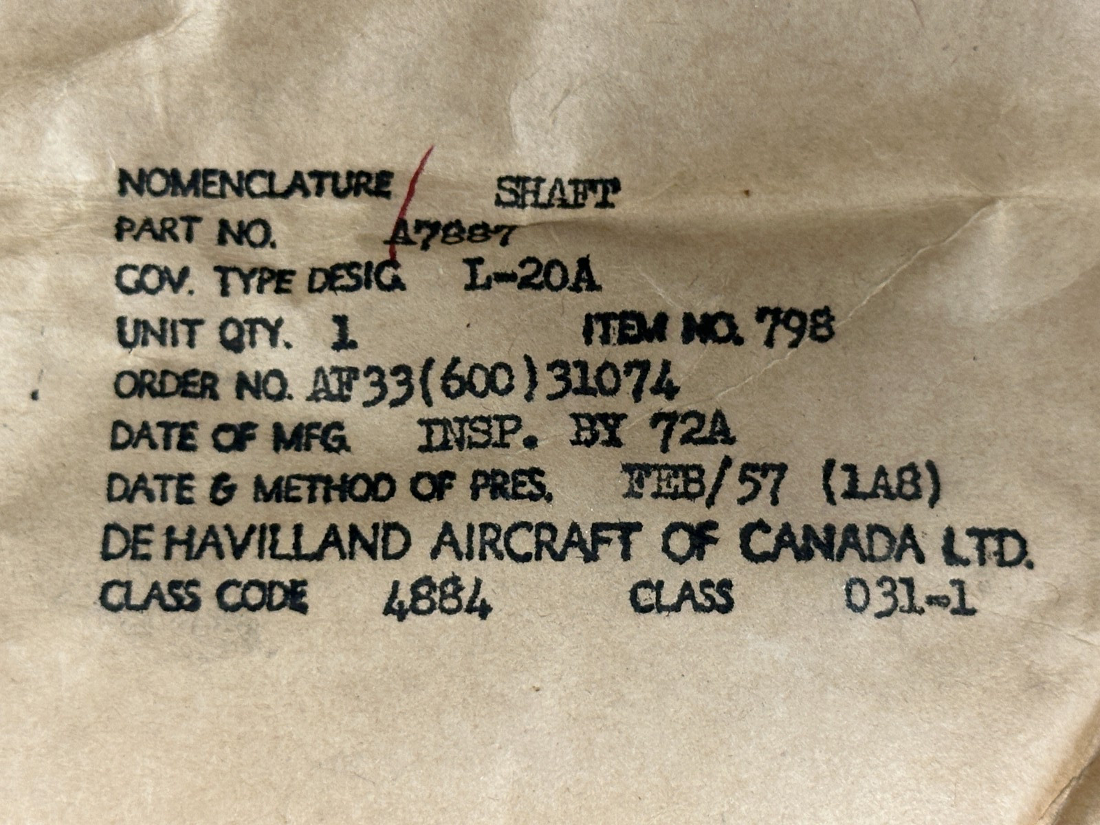 DeHavilland DHC-2 Shaft Assembly P/N A7887 SA 7887 New