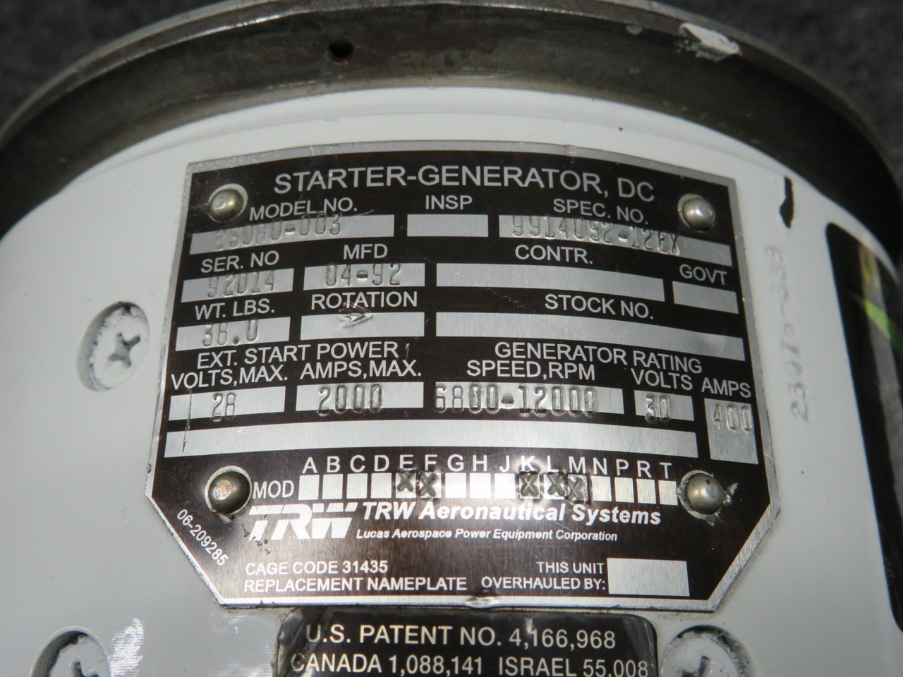 9914052-12EX Lucas Aerospace 23080-003 DC Starter Generator with Mods, 28V