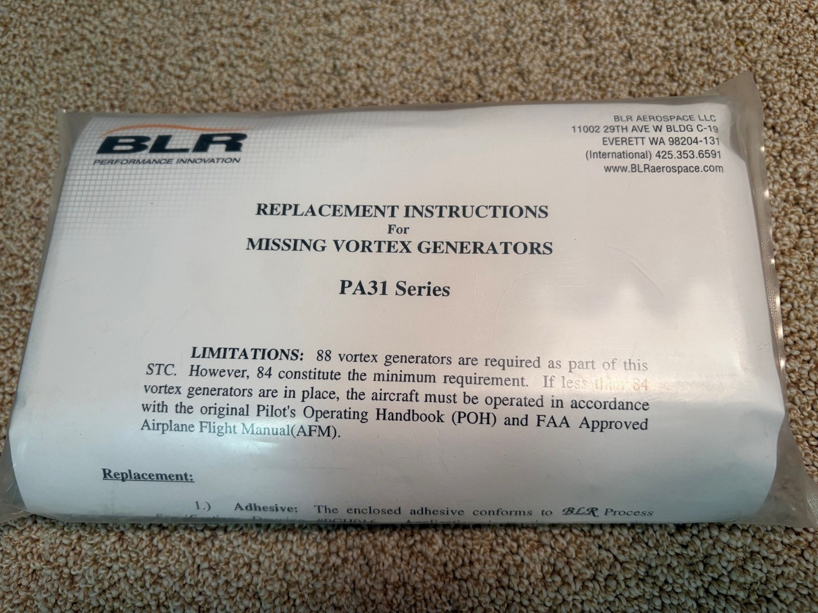 PIPER BLR AEROSPACE VORTEX GENERATOR REPL KIT-NEW