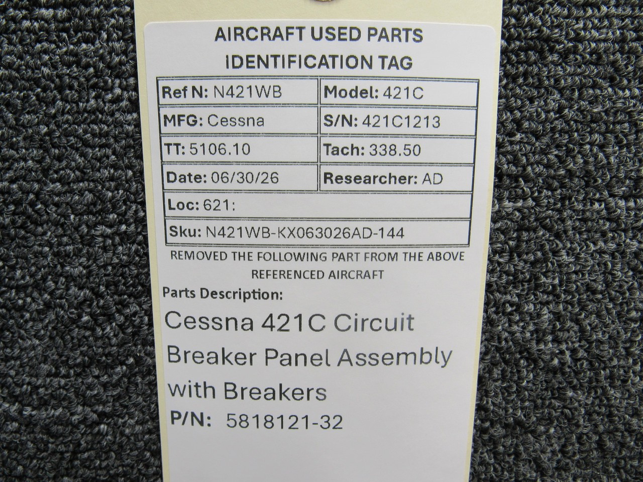 5818121-32 Cessna 421C Circuit Breaker Panel Assembly with Breakers
