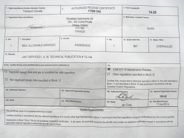 U.S. Gauge AW2829AE02 Airspeed Indicator – Certified and Tagged in 2014