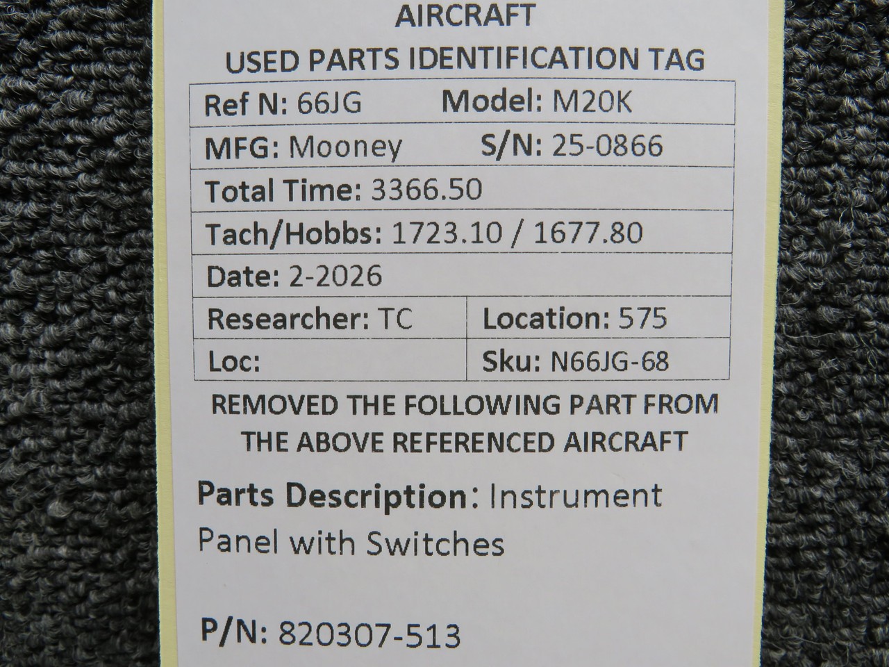 820307-513 Mooney M20K Instrument Panel with Switches