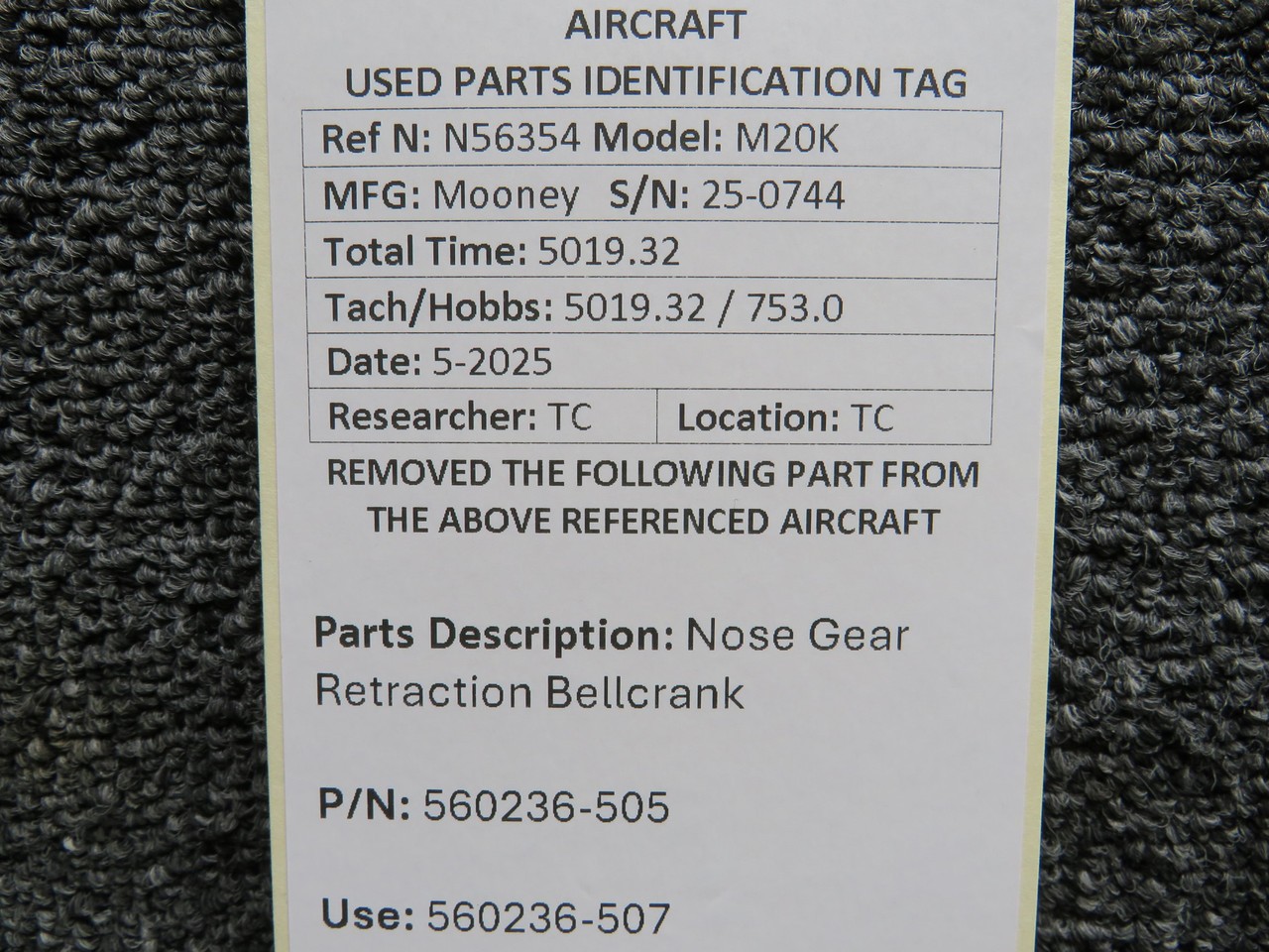 560236-505 (Use: 560236-507) Mooney M20K Nose Gear Retraction Bellcrank