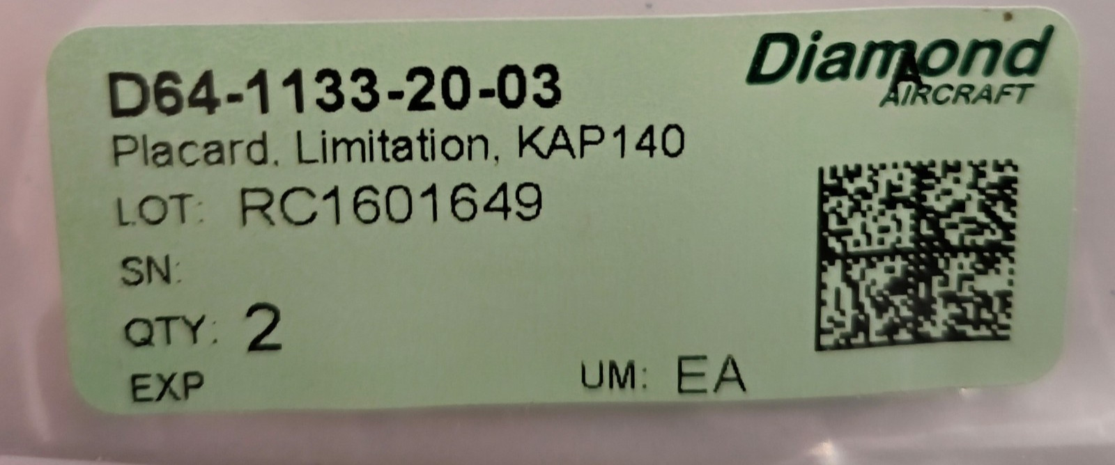 Diamond Aircraft D64-1133-20-03 Placard Limitation KAP140