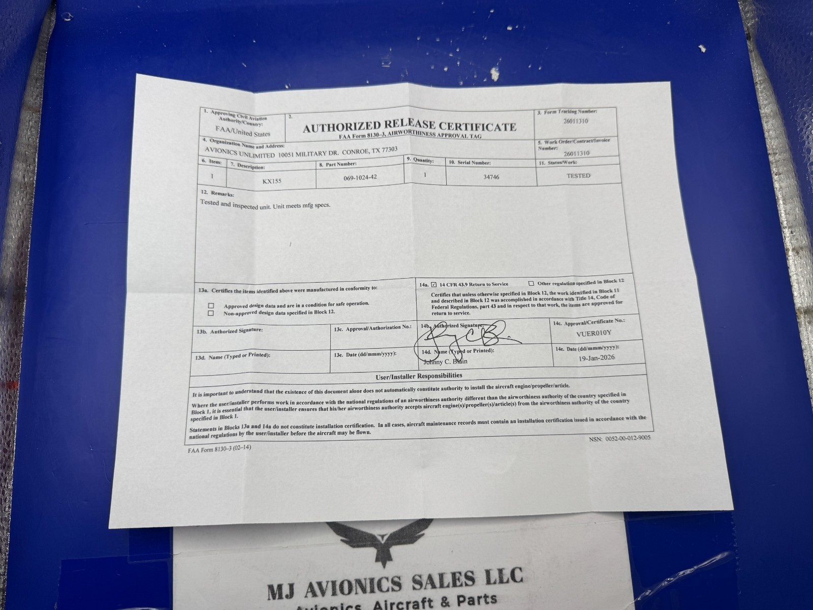 BENDIX/KING KX 155 P/N 069-1024-42 14VDC WITH GLIDE/SLOPE WITH FAA FORM 8130-3