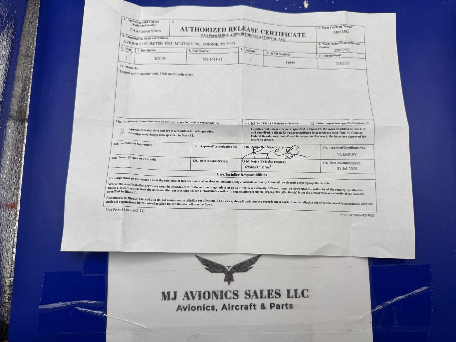 BENDIX/KING KX 155 P/N 069-1024-42 14VDC WITH GLIDE/SLOPE WITH FAA FORM 8130-3