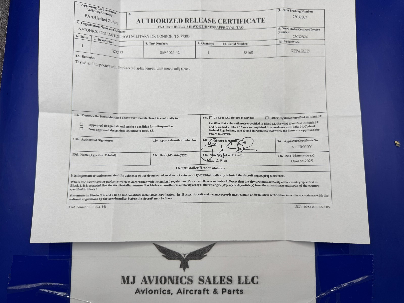 BENDIX/KING KX 155 P/N 069-1024-42 14VDC WITH GLIDE/SLOPE WITH FAA FORM 8130-3