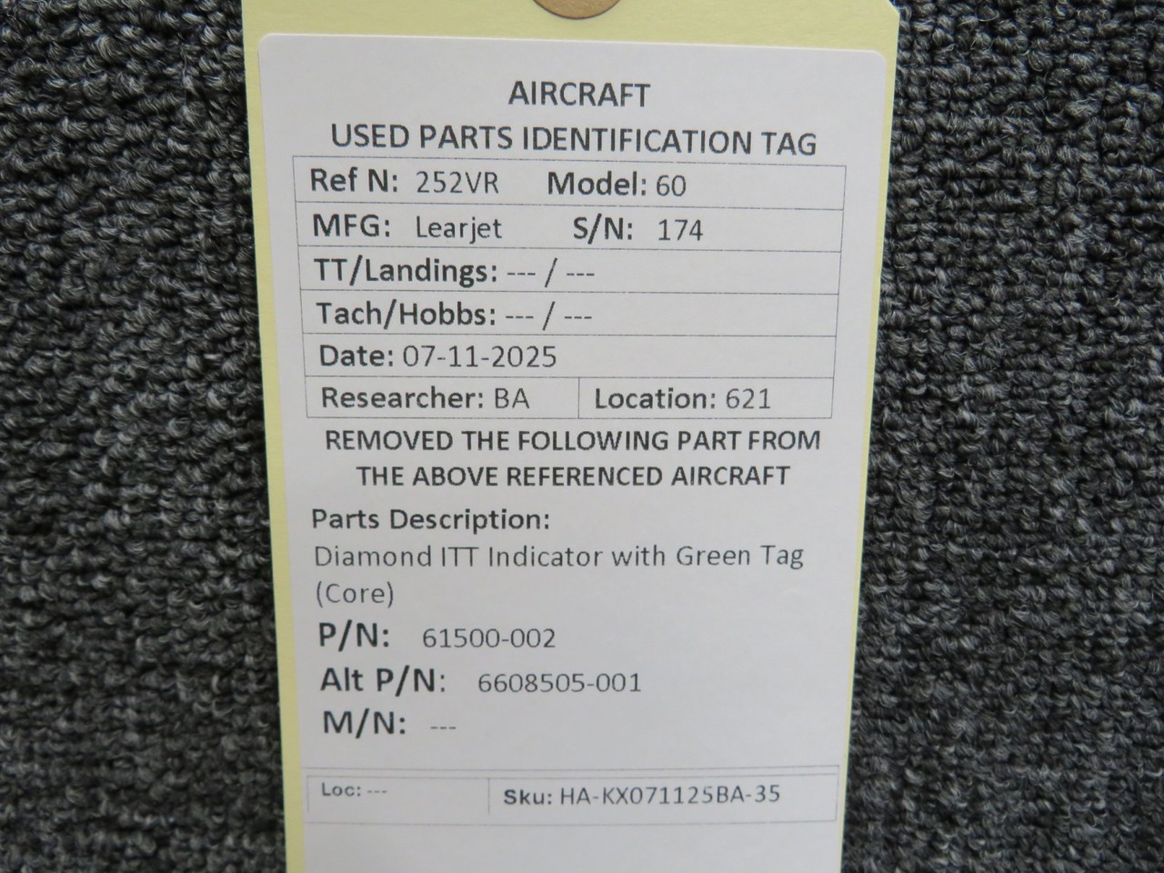 61500-002 (Alt: 6608505-001) Diamond ITT Indicator with Green Tag (Core)