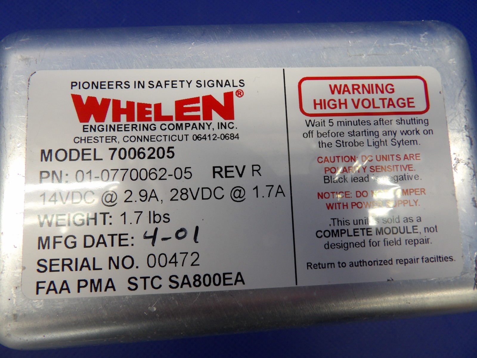 Diamond DA-40 Whelen Power Supply 14/28V P/N 01-0770062-05 TESTED (0626-1314)