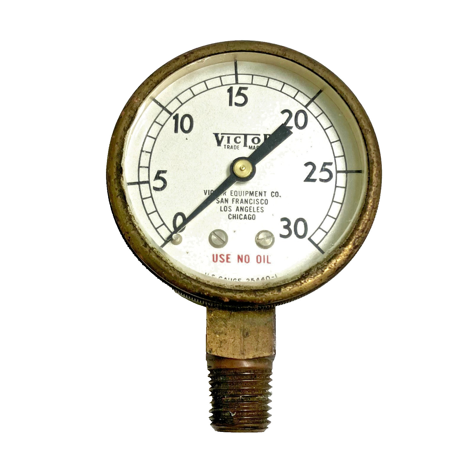 Vintage Victor Equipment U.S. Gauge P/N 25440-1, 0-30 PSI Compressed Gas Gauge