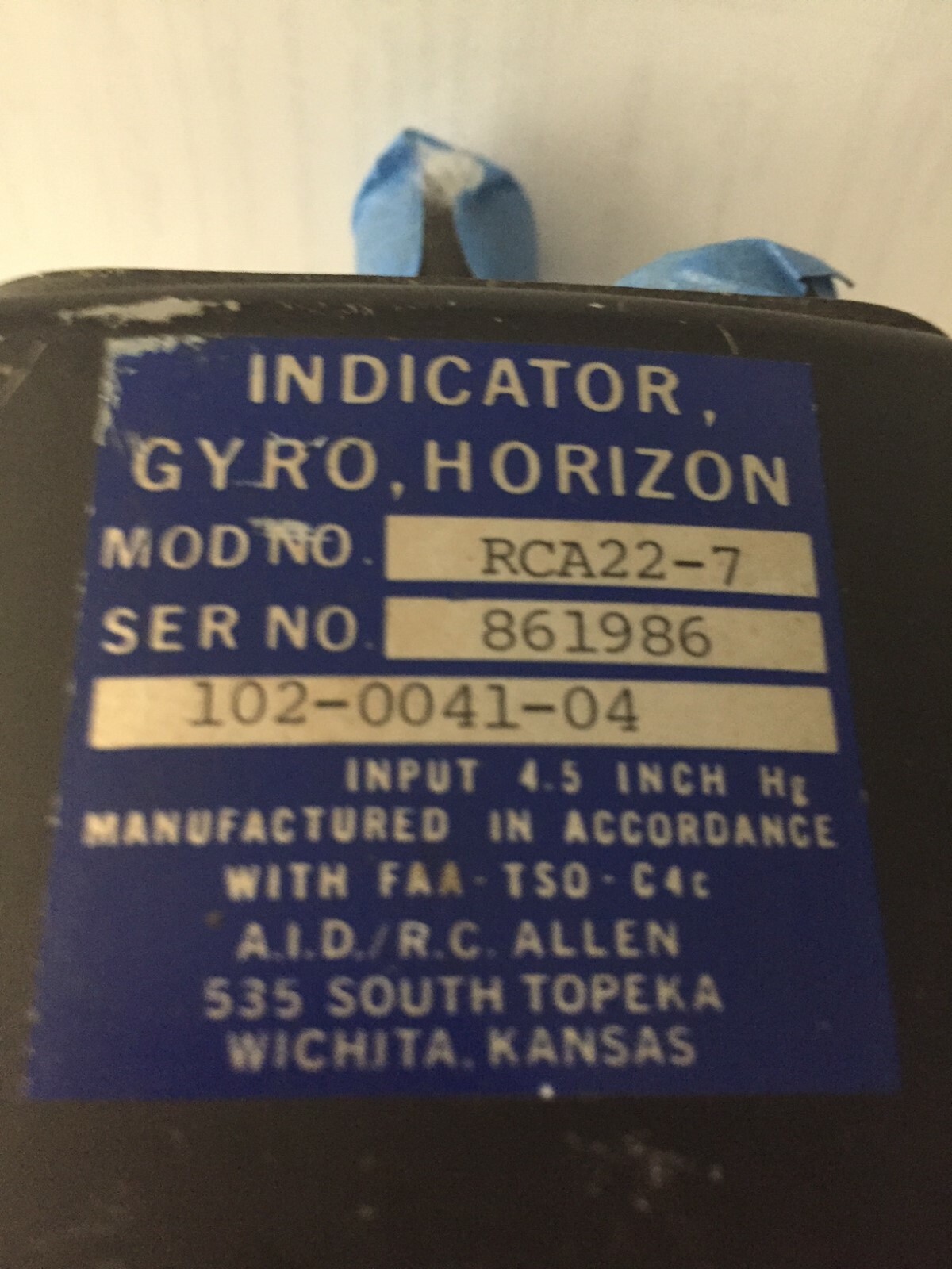 RCA 22-7 INDICATOR GYRO HORIZON SER#861986   102-0041-04
