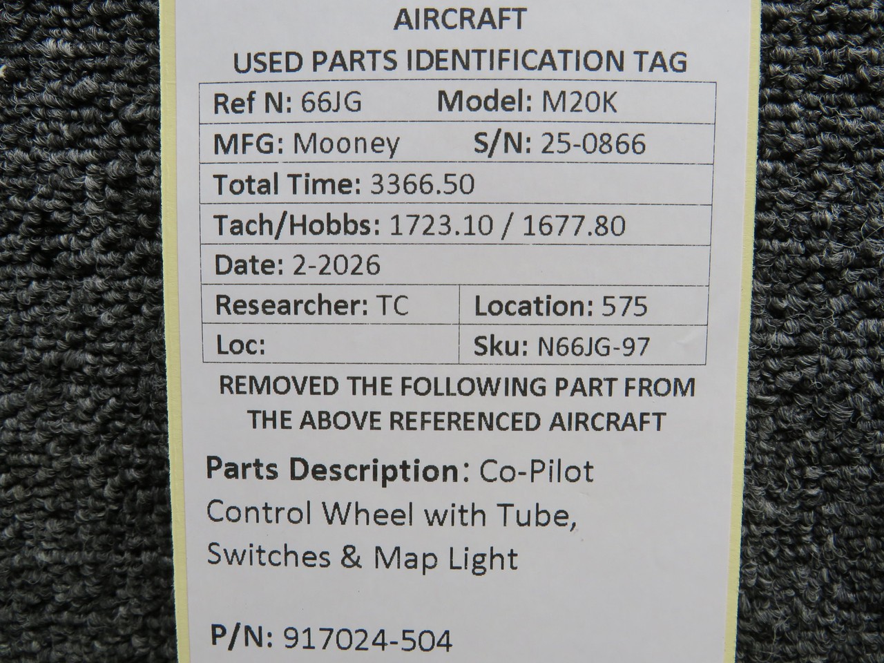 917024-504 Mooney M20K Co-Pilot Control Wheel with Tube, Switches & Map Light