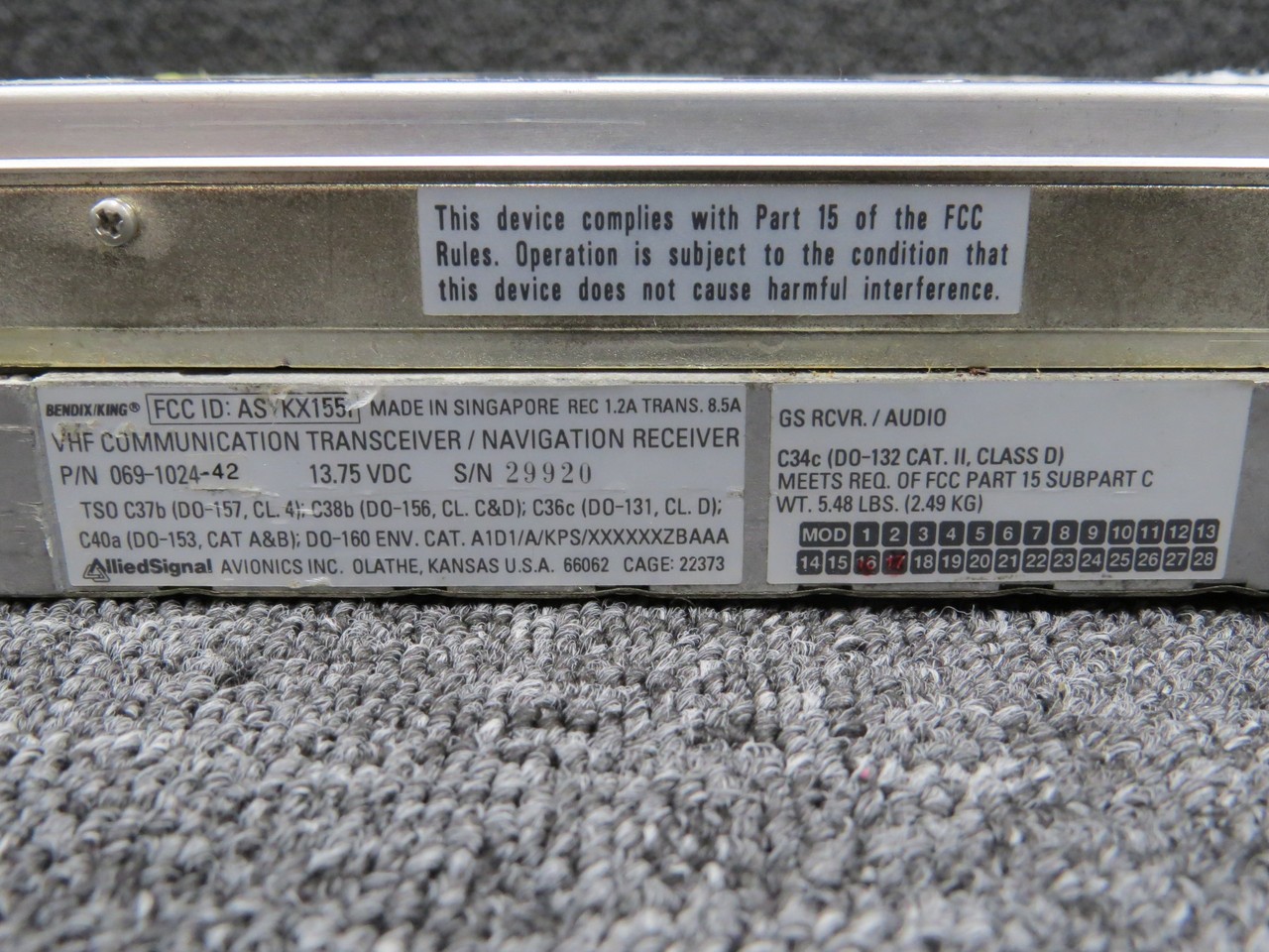 069-1024-42 Bendix-King KX-155 VHF Nav-Comm-Glideslope Receiver (Core)(14V)