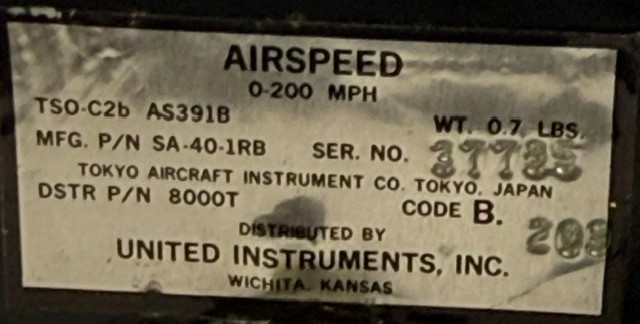 United Instruments Airspeed Indicator P/N: SA-40-1RB – As Removed