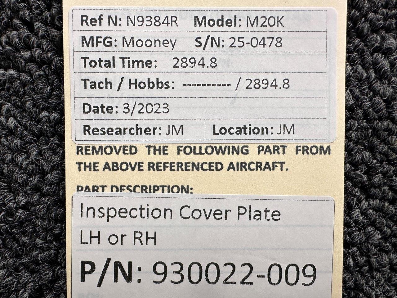 930022-009 Mooney M20K Inspection Cover Plate LH or RH