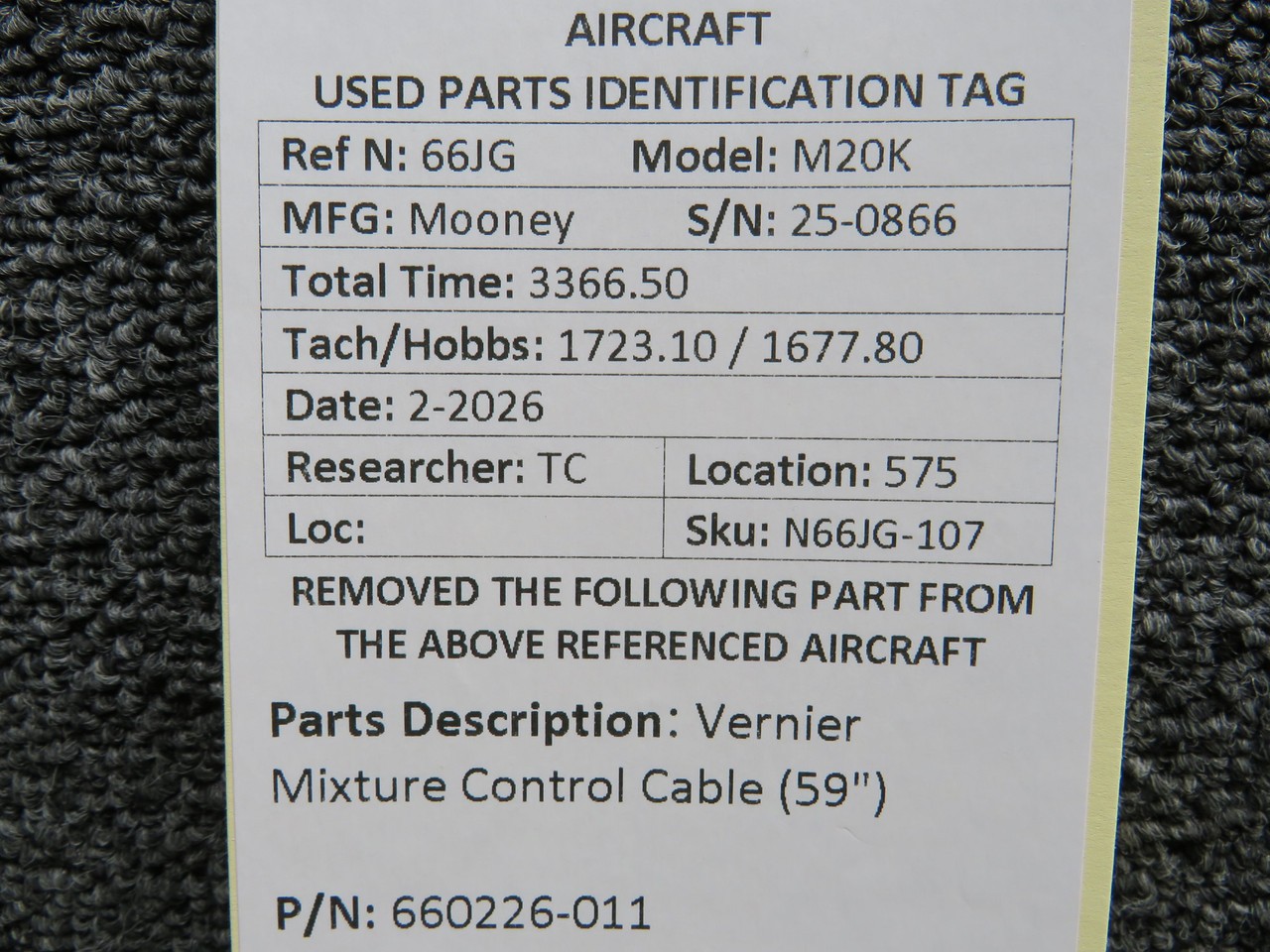 660226-011 (Use: MC660226-011) Mooney M20K Vernier Mixture Control Cable (59″)