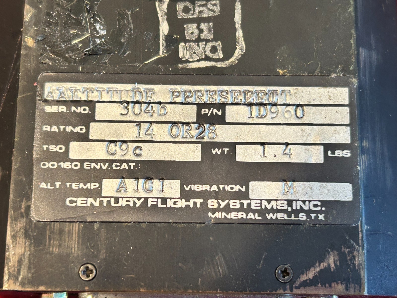 CENTURY ALTITUDE PRESELECT P/N 1D960 WITH MOUNT CLAMP