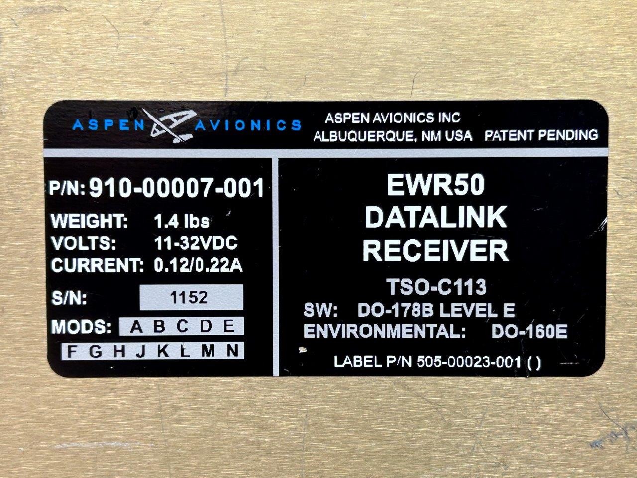 910-00007-001 Aspen Avionics EWR-50 Datalink Receiver Unit (Volts: 11-32)